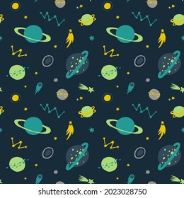 Vector space seamless pattern with hand drawn cosmic elements: star, planet, constellations, comets, galaxies. Flat kids vector illustration on white background.