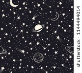 Vector space seamless pattern with planets, comets, constellations and stars. Night sky hand drawn doodle astronomical background 