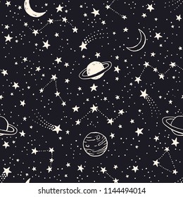 Vector space seamless pattern with planets, comets, constellations and stars. Night sky hand drawn doodle astronomical background 