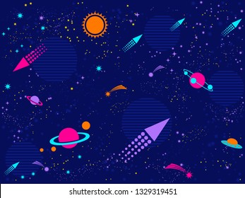 Vector space seamless pattern with planets and stars. Night sky  background