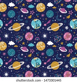 Vector space seamless pattern with planets and stars. Bright repeated texture with cosmic elements. Cute childish design for kids fabric and wrapping paper.