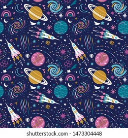 Vector space seamless pattern with planets, spaceships, galaxy and stars. Bright repeated texture with cosmic elements. Cute childish design for kids fabric and wrapping paper.