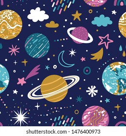 Vector space seamless pattern with planets and stars. Bright repeated texture with cosmic elements. Cute childish design for kids fabric and wrapping paper.