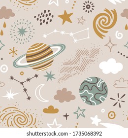 Vector space seamless pattern with planets, galaxies and stars. Retro repeated texture with cosmic elements. Vintage cartoon design for fabric and wrapping paper.