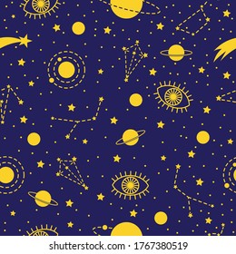 Vector space seamless pattern with planets, comets, constellations and stars. Night sky hand drawn doodle astronomical background