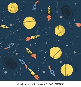 Vector space seamless pattern with planets, comets, constellations, rockets and stars. Sky illustration astronomical background. Use for textile, zodiac star yoga mat, phone case, notebook cover