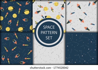 Vector space seamless pattern with planets, comets, constellations, rockets and stars. Sky illustration astronomical background. Use for textile, zodiac star yoga mat, phone case, notebook cover