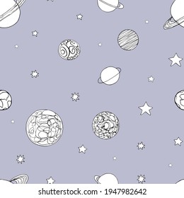 Vector space  seamless pattern with  planets, constellations and stars. Sky hand drawn astronomical doodles on grey background. 