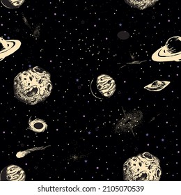 Vector space seamless pattern with planets, comets, constellations and stars. 