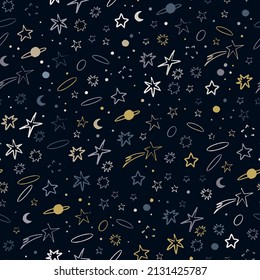 Vector space seamless pattern with planets, comets, constellations and stars. Night sky hand drawn doodle astronomical background