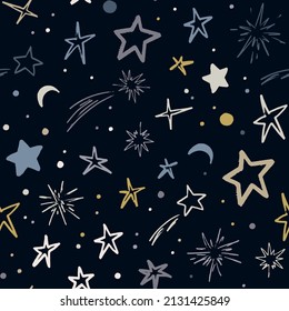 Vector space seamless pattern with planets, comets, constellations and stars. Night sky hand drawn doodle astronomical background