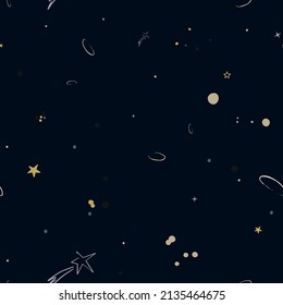 Vector space seamless pattern with planets, comets, constellations and stars. Night sky hand drawn doodle astronomical background