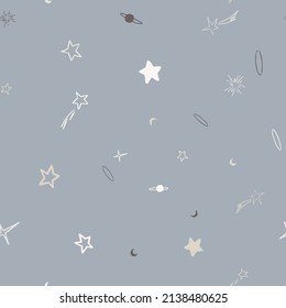 Vector space seamless pattern with planets, comets, constellations and stars. Night sky hand drawn doodle astronomical vector background
