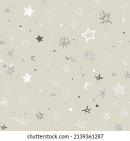 Vector space seamless pattern with planets, comets, constellations and stars. Night sky hand drawn doodle astronomical background