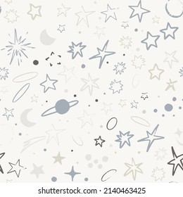 Vector space seamless pattern with planets, comets, constellations and stars. Night sky hand drawn doodle astronomical background