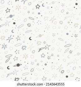 Vector space seamless pattern with planets, comets, constellations and stars. Night sky hand drawn doodle astronomical background