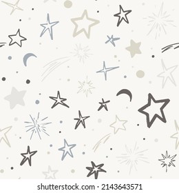 Vector space seamless pattern with planets, comets, constellations and stars. Night sky hand drawn doodle astronomical background