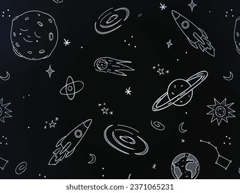 Vector space seamless pattern with planets, comets, constellations and stars. Night sky hand drawn doodle astronomical background