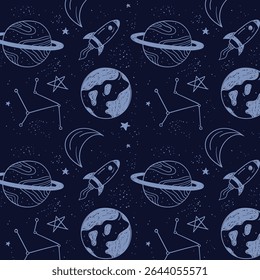 Vector space seamless pattern with planets, spaceships, galaxy and stars. Bright repeated texture with cosmic elements. Cute childish design for kids fabric and wrapping paper.

