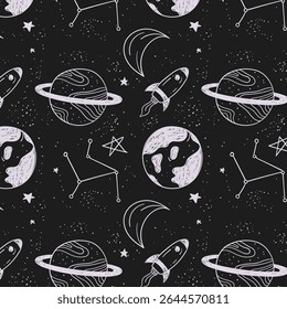 Vector space seamless pattern with planets, spaceships, galaxy and stars. Bright repeated texture with cosmic elements. Cute childish design for kids fabric and wrapping paper.
