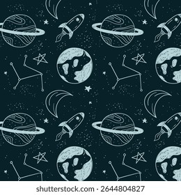 O espaço vetorial apresenta um padrão contínuo com planetas, naves espaciais, galáxias e estrelas. Textura repetida brilhante com elementos cósmicos. Design infantil bonito para tecido infantil e papel de embrulho.
