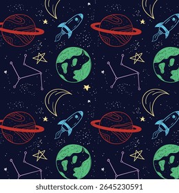 Vector space seamless pattern with planets, spaceships, galaxy and stars. Bright repeated texture with cosmic elements. Cute childish design for kids fabric and wrapping paper.
