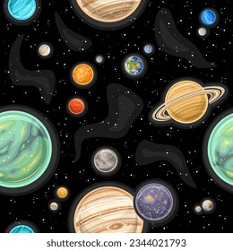 Vector Space Seamless Pattern, square repeat background with illustration of different planets and stars in deep space for bed linen design, decorative cosmo cover with black starry space background