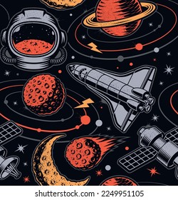 Vector space seamless pattern in vintage style with design elements such as space helmet, planets, space satellite, shuttle