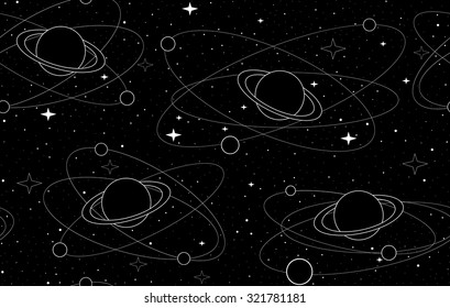 Vector space seamless texture with planets, stars and constellations. Endless decorative texture