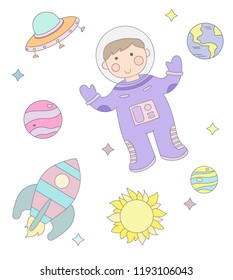 Vector space set with cute astronaut, planets, stars and spaceship.