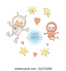 Vector space set with cute cartoon cats astronauts, stars and the moon.