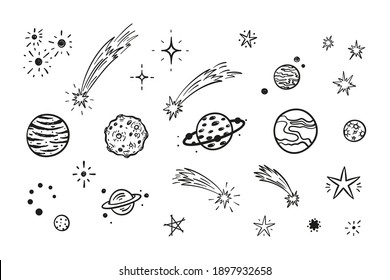 Vector Space Set. Hand drawn Doodle Cartoon Planets, Stars and Comets