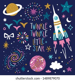 Vector space set with spaceship, planets, stars and text "Twinkle twinkle little star". Cute hand drawing scrapbooking set.