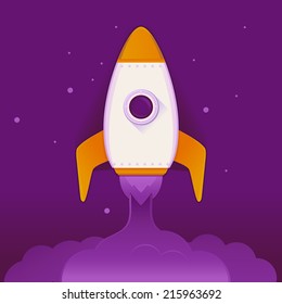 Vector space ship in cartoon style in the sky with stars