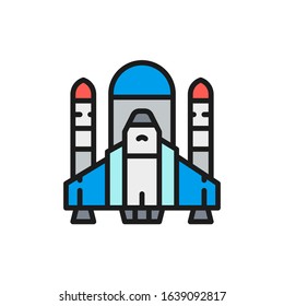 Vector space shuttle, rockets, airplane flat color line icon.