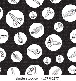 Vektor Space Shuttle Ships und Anzüge in Schwarz-Weiß in Weiß Kreise auf schwarzem Hintergrund Nahtlose Wiederholung Muster. Hintergrund für Textilien, Karten, Herstellung, Wallpaper, Druck, Geschenkpackung und