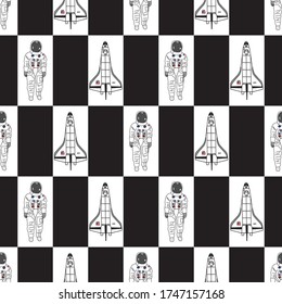 Vector Space Shuttles Astronauts in Black and White on Black Rectangles Seamless Repeat Pattern. Background for textiles, cards, manufacturing, wallpapers, print, gift wrap and scrapbooking.