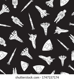 Vector Space Shuttles Rockets Capsules Astronauts Silhouettes in White on Black Background Seamless Repeat Pattern. Background for textiles, cards, manufacturing, wallpapers, print, gift wrap and