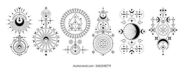 colección de señal de espacio en Vector. Conjunto de símbolos celestiales con planeta, órbita, luna y sol, media luna. Tatuaje de astrología o tarjeta esotérica de tarot. Estampado oculto y espiritual. Cielo y universo, cosmos, galaxia