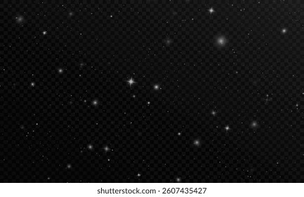 Vector Space Stars PNG. Glowing Universe Stars on Transparent Background. Starry Night Sky with Constellations and Galaxy Elements. Vector Illustration.