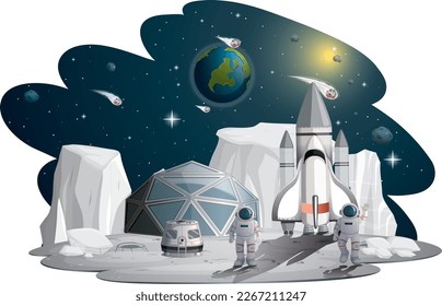 Vector Space station on planet with spaceship