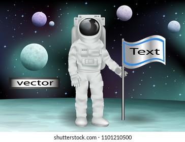 Vector. Space travel, on another planet, colonization of other planets, space flight, astronaut sets flag, astronauts visit new planet . 3D, realistic illustrations