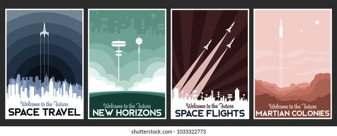 Vector Space Travel Poster Set. Stylization Under The Retro Space Propaganda