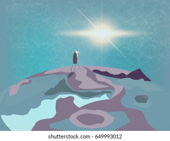 Vector Space Universe, Planet, Sun and Rocket Ship Illustration. Stock vector