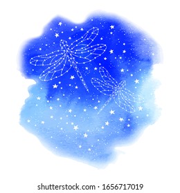 Vector space watercolor background with dragonflies, constellations and stars. Astronomical blue background