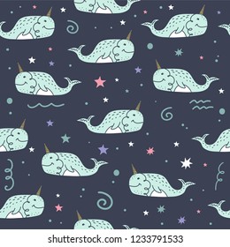 Vector space whales doodle pattern, narwhals art, nursery wallpaper. Textile or wrapping paper design.