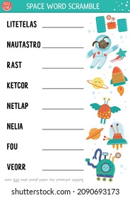 Vector space word scramble activity page. English language game with astronaut, star, rocker, planet, alien for kids. Astronomy family quiz. Simple educational printable worksheet.

