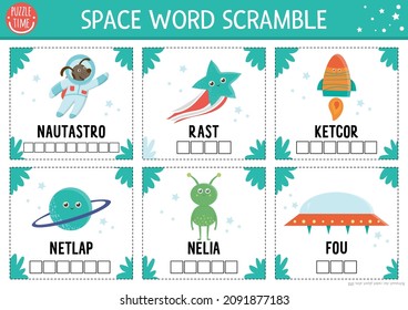 Vector space word scramble activity page. English language game with astronaut, star, rocker, planet, alien for kids. Astronomy family quiz. Simple educational printable worksheet.
