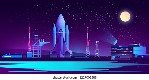 Vector spaceport at night with rocket, control room and radio tower. Science cosmic base, rocket or spaceship ready to launch in ultra violet colors on full moon background. Technology concept.