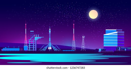 Vector spaceport at night with rocket, control room and radio tower. Science base in ultra violet colors on full moon background. Station for cosmos exploration with transport. Technology concept.